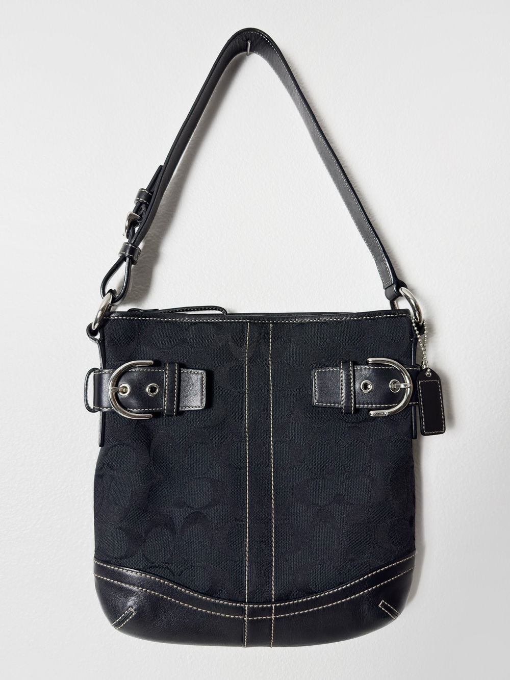 Vintage Coach Signature Buckle Duffle Bag Black Leather Canvas 3577